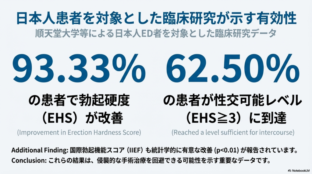臨床研究で示された有効性

順天堂大学等による日本人ED患者を対象とした研究では、

93.33％で勃起硬度（EHS）が改善

62.50％が性交可能レベル（EHS≧3）に到達

IIEFスコアも統計学的に有意な改善（p＜0.01）
